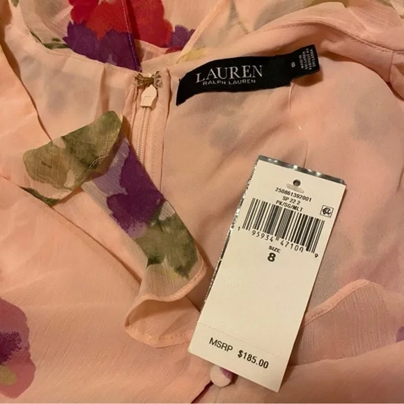 Lauren Ralph Lauren Floral Crinkled Georgette Dress in Pink/Sage/Multi - Picture 12 of 12